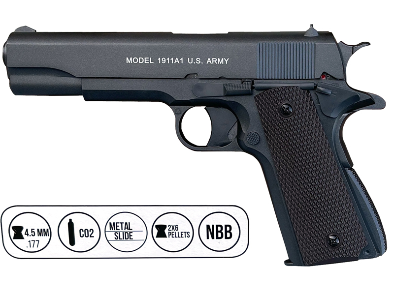 Auto Ordnance 1911 Co2 Non-Blowback Pistol (4.5mm/.177 Pellet – Metal Slide and ABS Body – Cybergun – Black – 438301)