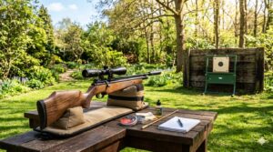 Professional air gun maintenance and outdoor range setup featuring a wooden stock rifle on a sunny spring day.