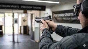 Close-up of a professional shooting stance and 60/40 grip for advanced air pistol techniques at an indoor range.