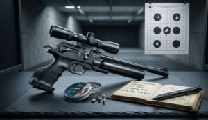 Advanced PCP air pistol with rifle scope resting on slate workspace with .177 pellets and shooter's training logbook at an indoor air pistol shooting range.